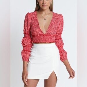 Showpo Sweet Wishing long sleeve V-neck crop top in red floral shirred panels SP
